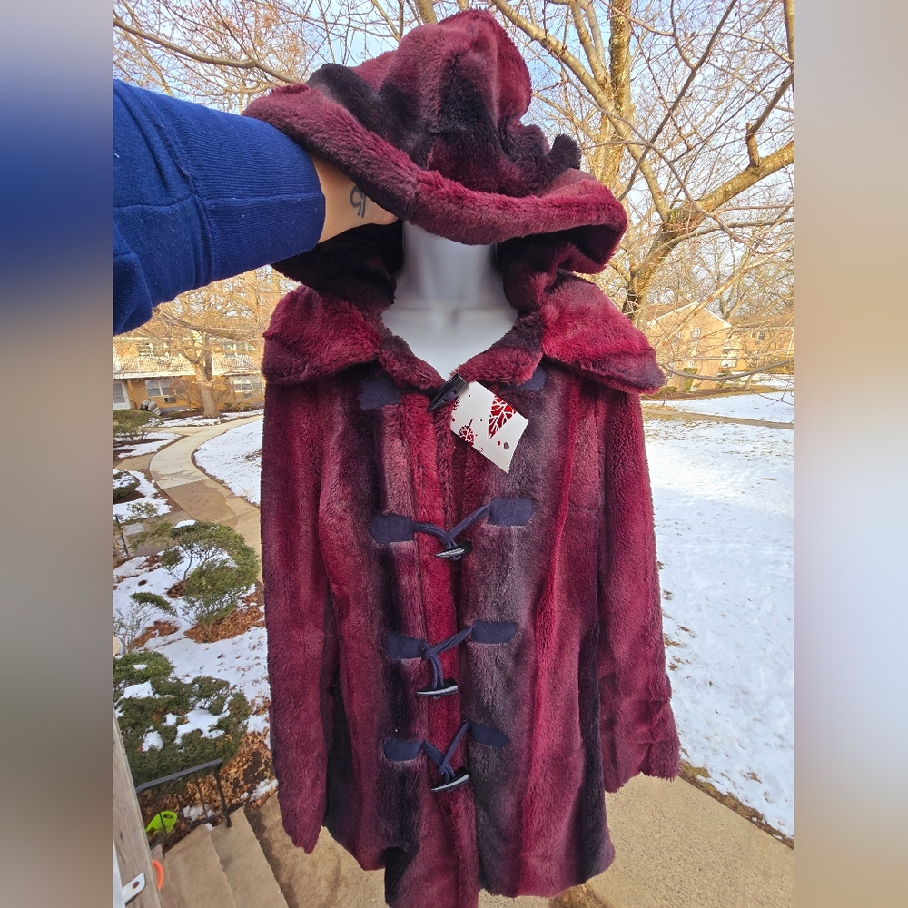 DENNIS BY DENNIS BASSO MAROON & BLK WINE SHINY FAUX FUR HOODED COAT SIZE MEDIUM